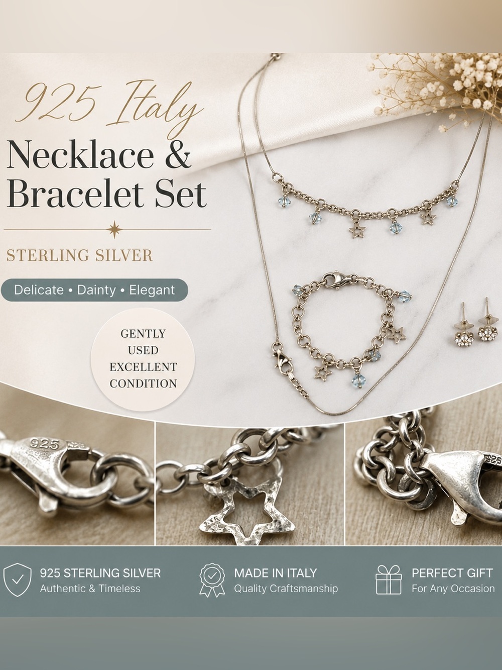 925 Italy Sterling Silver Necklace & Bracelet Set Blue Crystal Star with Gift